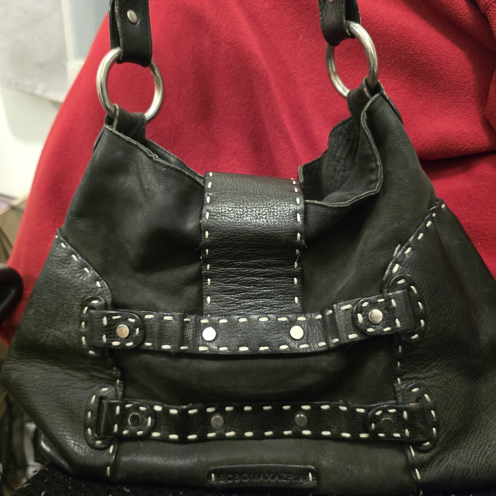 BCBGMaxAzria Black Leather Shoulder Bag with Silver Accents